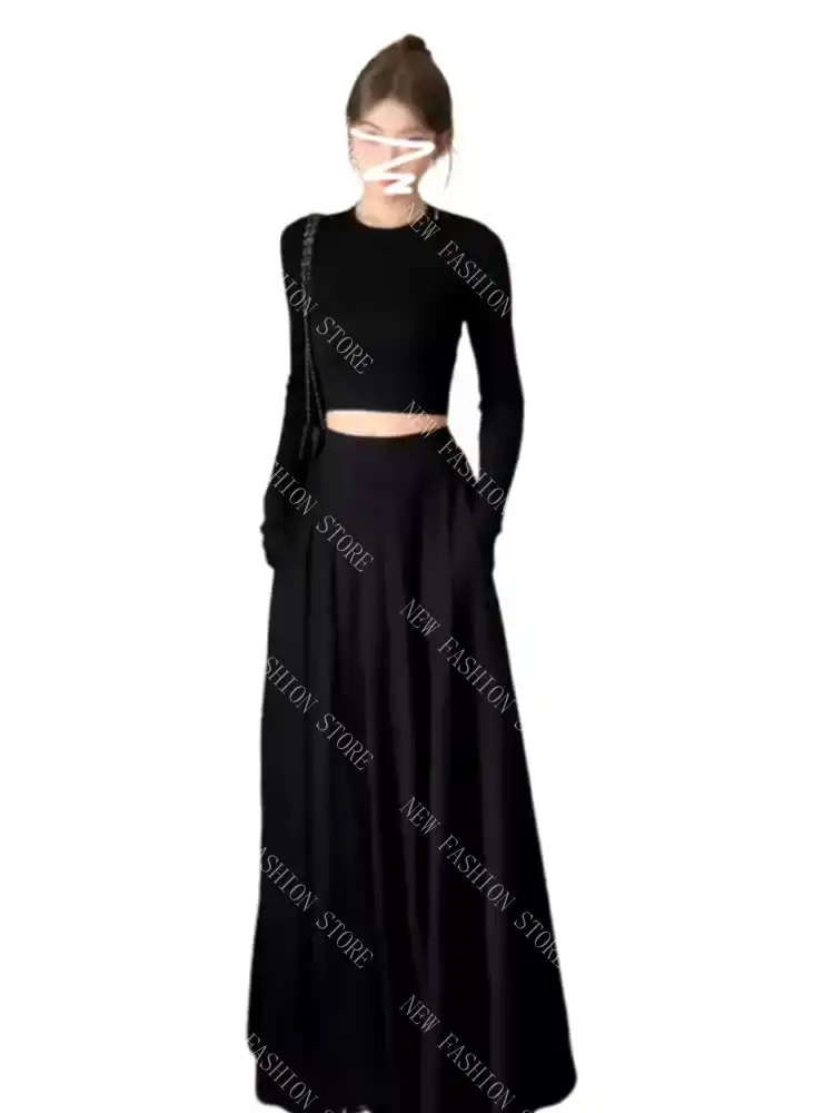 フレンチニットワンピース子供の秋冬ロングスカートセット-75