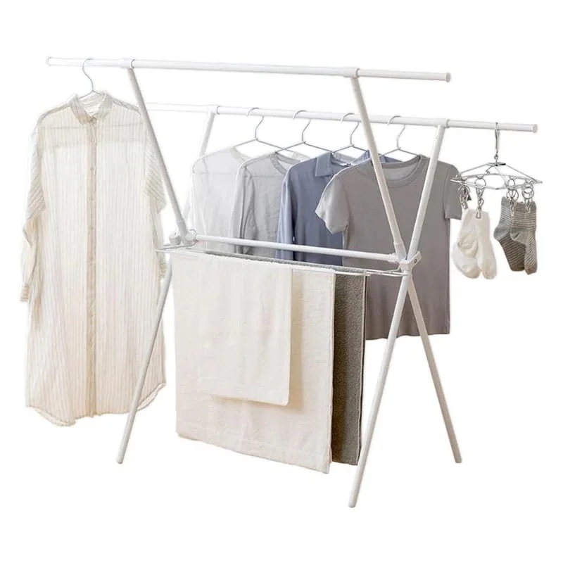 伸縮自在で洗濯物の量で調節可能なコンパクト洗濯物干し 布団も干せる頑丈設計 約5人用 幅約92~152×奥行約64×高さ約127.5 ホワイト ST