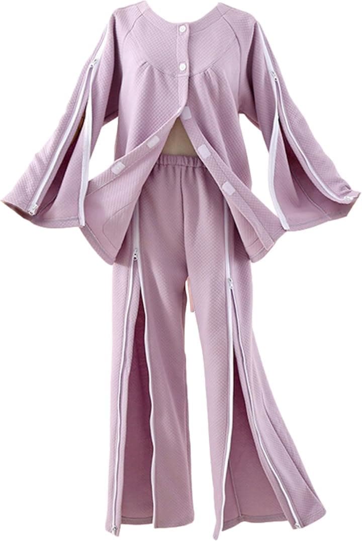 介護用パジャマ フルオープン 女性用 介助パジャマ 寝たきり ファスナー レディース( パープル, L)