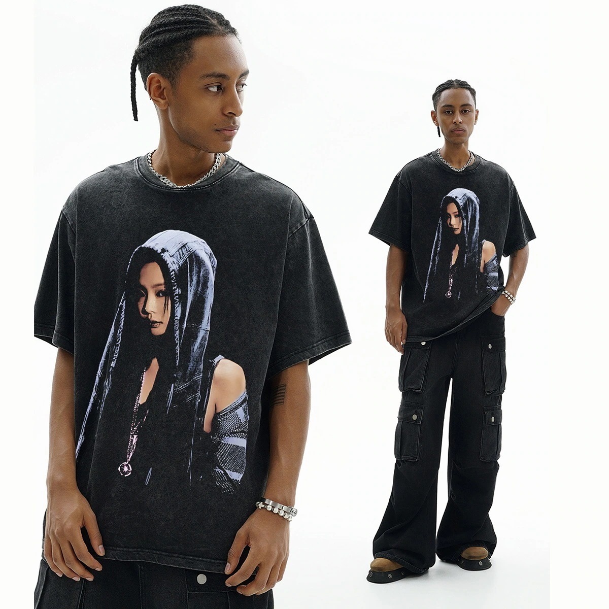 JENNIE 秋ヒップホップラッププリント半袖 Tシャツボトリングシャツトレンディブランド小さなネックラインハイストリート