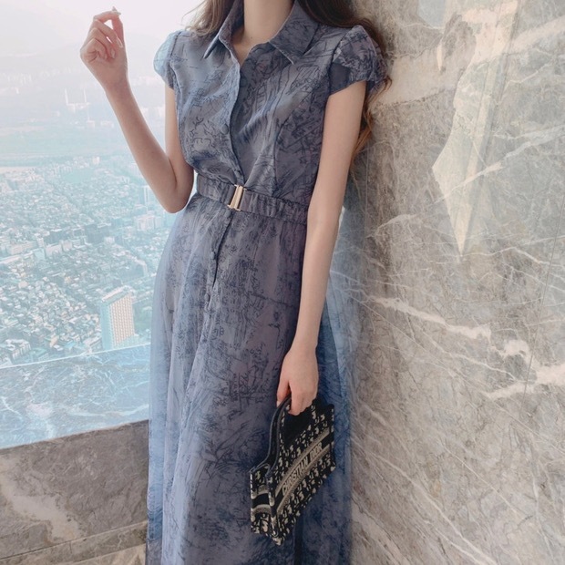 ワンピース シャツワンピース ウエストベルト Vネック 半袖 襟付き ポロカラー ミドル丈 Aライン スリット 透け感 ハイウエスト スリム 細身 韓国 レディース かわいい 可愛い