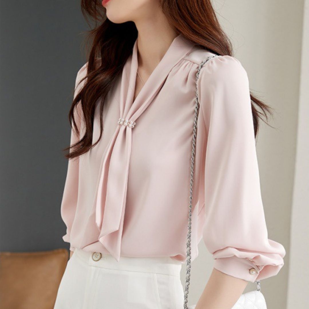 ボウタイブラウス リボンブラウス フェイクパール パール エレガント ブラウス シャツ 韓国 レディース オルチャン 袖あり 長袖 かわいい 大人可愛い フォーマル きれいめ シンプル 大人