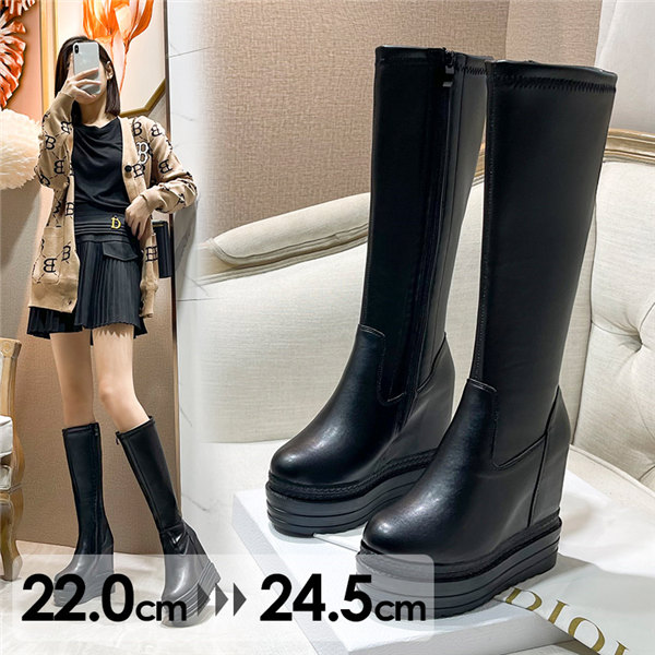 厚底 ブーツ ロングブーツ 太ヒール インヒール6cm 黒 美脚 スムース コスプレ レディース シューズ 靴 秋 冬 春 20代 30代 22.0/22.5/23.0/23.5/24.0/24.5