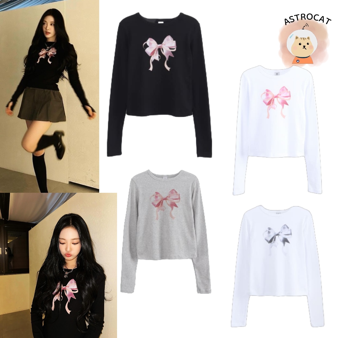 【aespaニンニン着用】Double Ribbon Slim Crop Long Sleeve_4色,韓国アイドル着用,カジュアル,