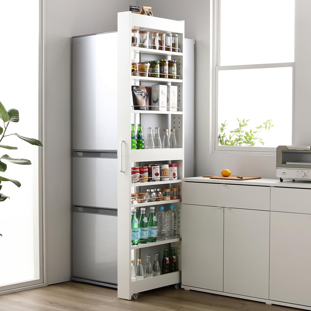 RASIK 隙間収納 キッチンワゴン スリム ラック ハイタイプ 幅10cm 奥行55.4cm ホワイト キャスター付き 洗面所 冷蔵庫横 組立品 Styno スティノ