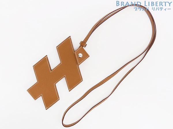 超美品エルメスHタグフォンホルダーフォンケースストラップ付ゴールドブラウンヴォーエプソンZ刻印