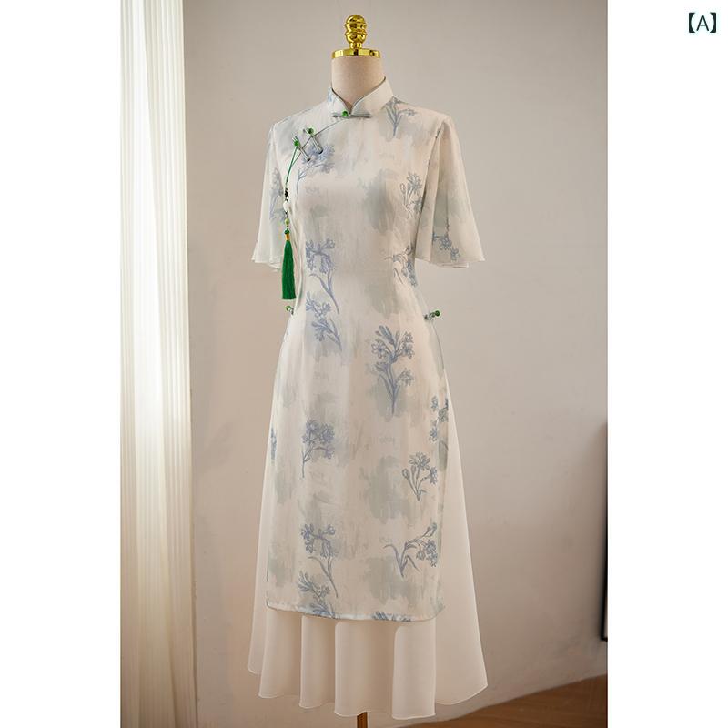 アオザイ チャイナドレス 夏 レディース ワンピース エレガント ロング丈 シフォン ティー 禅 ホワイト グリーン ベージュ
