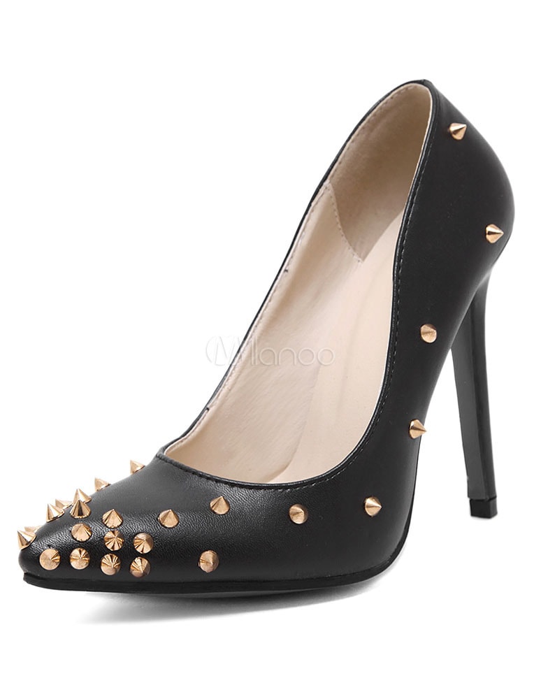 ブラックパンプスはポインテッドトゥPUハイヒールをリベット