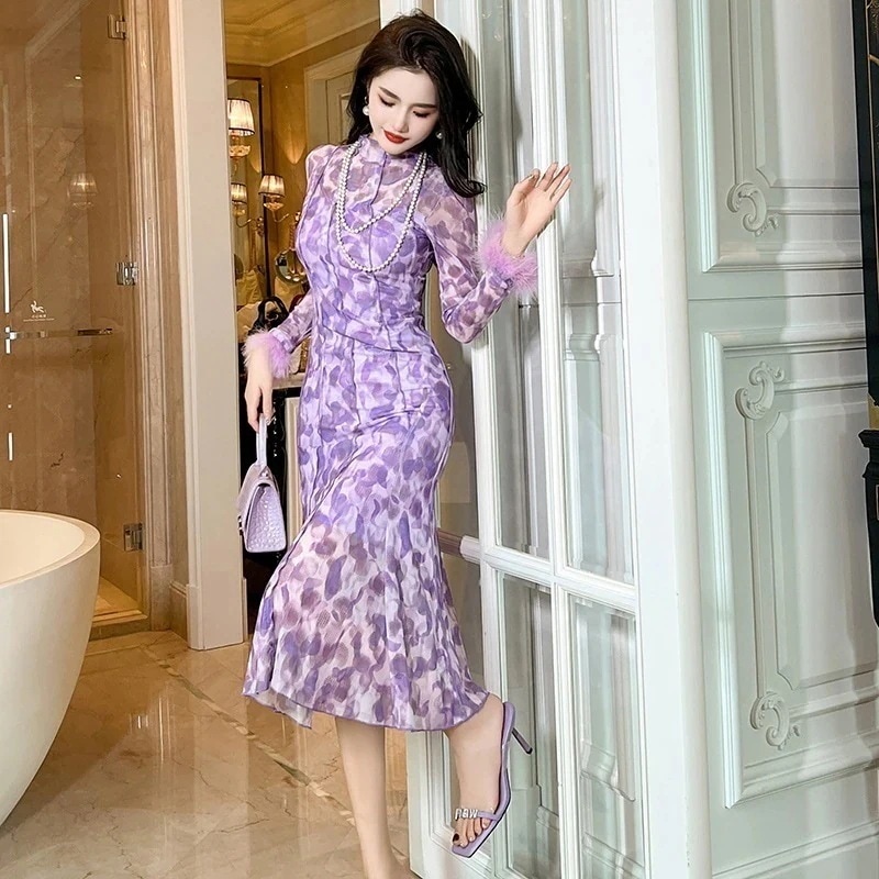 【JY.上品】 秋冬 マーメイド ロングワンピース スタンド襟 ファー飾り パーティードレス キャバ 着痩せ 大人 同窓会 披露宴 卒業式 結婚式 演奏会 ウェディング 二次会30%までに制限