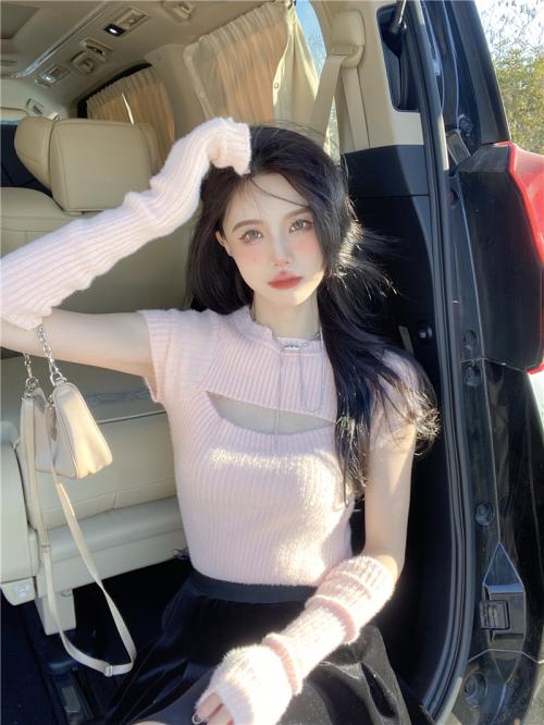 胸開き トップス 秋冬 暖かい レディース ニット スリム フィット 鎖骨 無地 シンプル おしゃれ セクシー 青 ピンク 黒