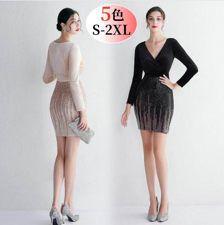 長袖 タイトワンピース 5色 スパンコール ハイウエスト パーティードレス Vネック ブラックドレス タイト ワンピース 膝丈 ひざ丈 きれいめ セクシー 上品 結婚式 謝恩会 二次会 発表会 お呼ば