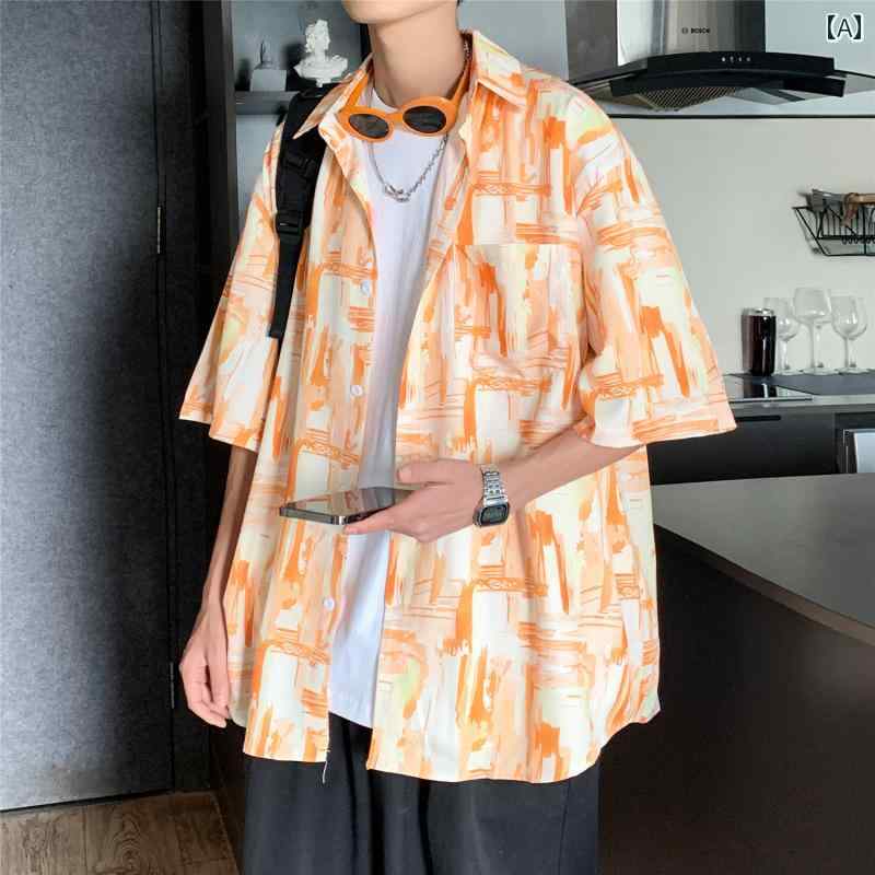 メンズ 春夏 トップス 柄シャツ 総柄 半袖 花柄 薄手 ビーチ ティーンエイジャー ハワイ オレンジ ブルー