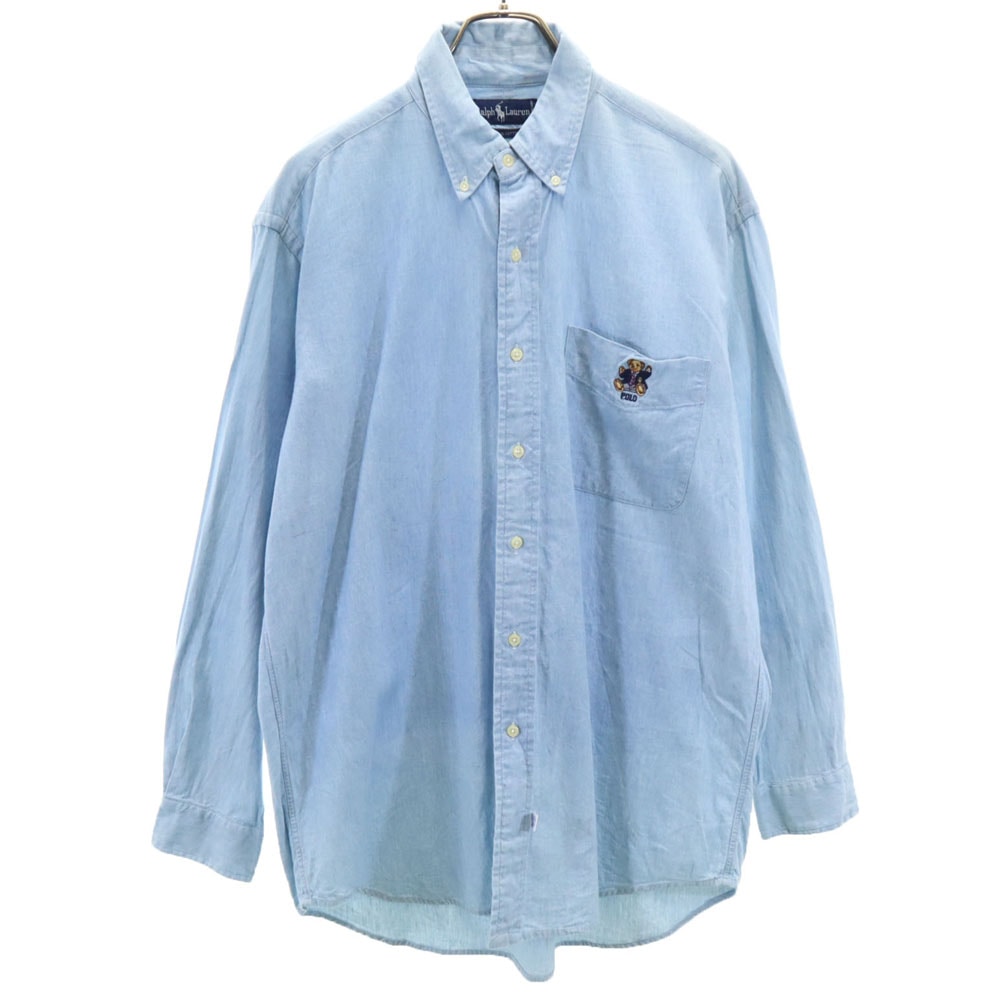 90s オールド ポロベア 長袖 シャンブレーシャツ L ブルー メンズ