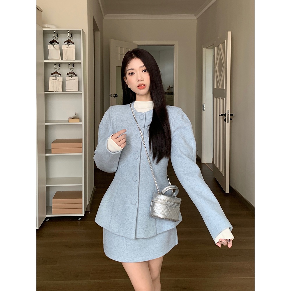 Xiaoxiangfeng ハイエンドウエスト痩身長袖ウールコートスカートレディース 2024 春秋新作ファッションスーツ
