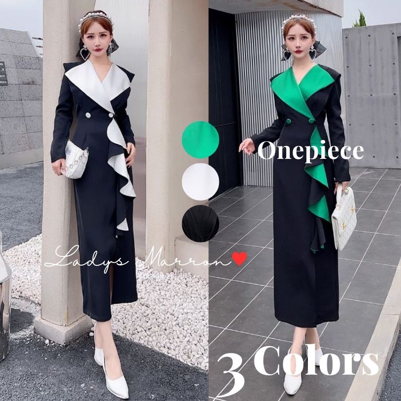 【即納】タイトワンピース お呼ばれワンピース 結婚式 黒 パーティードレス 韓国 成人式ワンピース 同窓会ワンピース パーティードレス かっこいい ビッグカラー ワンピース 結婚式お呼ばれワンピース