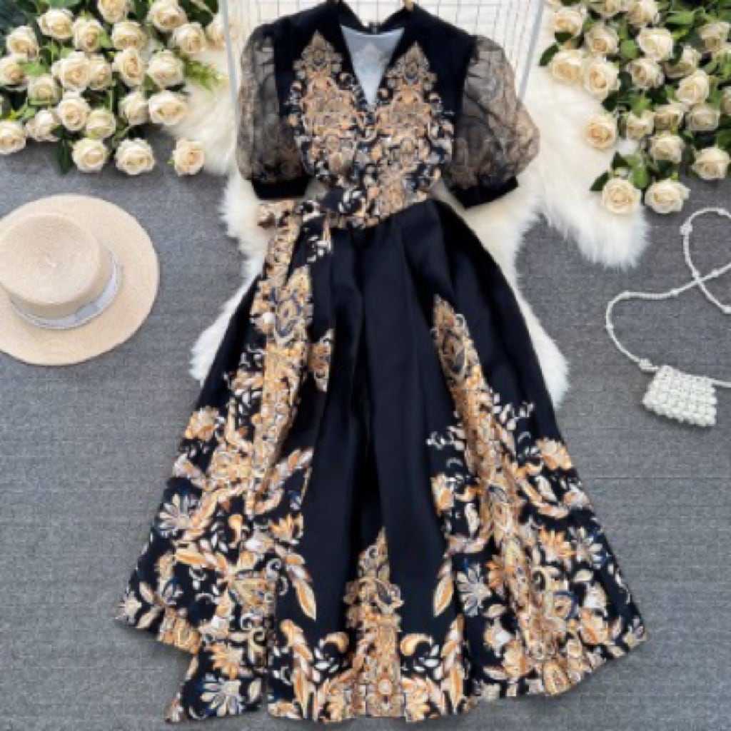 レディース ワンピース ドレス ミディアム 5分袖 パフスリーブ カシュクール スリム 細身 切り替え フェミニン タック リボン ウエストマーク 透け感 シースルー コンサバ 切り替えデザイン