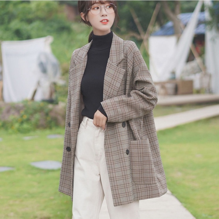 チェック柄アウター カジュアルジャケット クラシカルデザイン トップス アウター ジャケット 上着 スーツ ロング丈 袖あり 長袖 Vネック 襟付き ストレート ワイド Iライン スマート ポケット