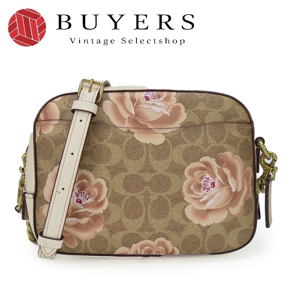 中古 ショルダーバッグ 31695 シグネチャー レザー ベージュ アイボリー ゴールド金具 フラワーモチーフ カメラバッグ 斜め掛け レディース 女性