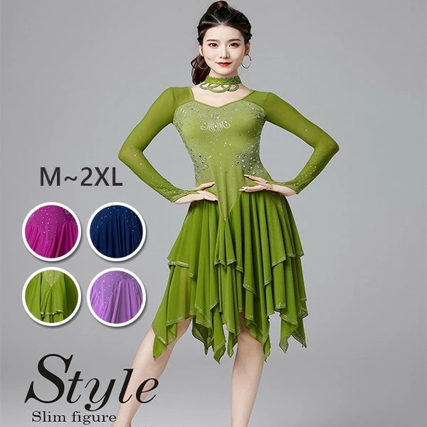 社交ダンス ラテンドレス ワンピース ラテン衣装 チャチャチャ ダンス衣装 練習服 ラインストーン スタンダード ラテンダンス ラテン競技着 練習着 ダンスウエア 発表会 団体 サルサダンス 競技用