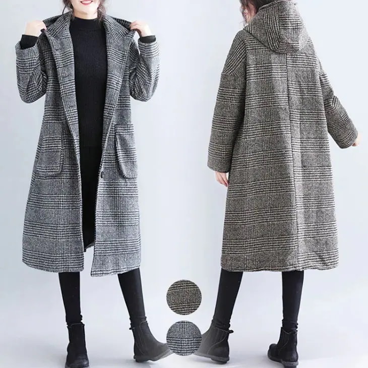 ゆったりシルエット グレンチェック フードコート レディース フーデットコート グレンチェック フード付き コクーンシルエット アウター秋冬コート格子 秋冬 防寒 あったか ミディアム丈