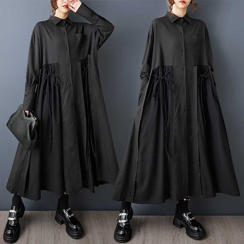 【Noir Mode】ワンピース 長袖ワンピース 秋 新作 暗い風 イレギュラー 大きいサイズ 長袖 ファッション ゆったり シャツワンピース 女性