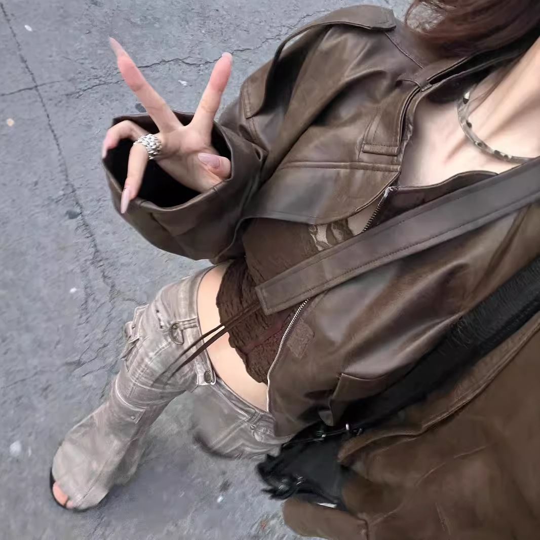 レディース 短ブラウン色皮衣男女バイカー風夹克アウタートップス咖复宽松型