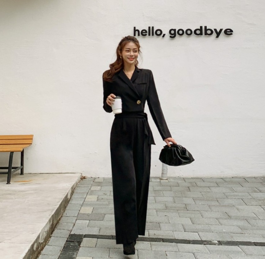 ボトムス パンツ オールインワン ロング ロング丈 袖あり 長袖 Vネック 襟付き ストレート ウエストマーク ウエストリボン ポケット ハイウエスト 前開き 薄手 かわいい 大人可愛い きれいめ