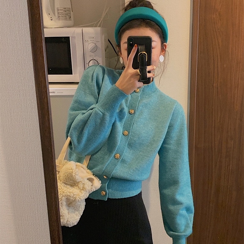 ニットカーディガン トップス セーター カーディガン 長袖 ボリューム袖 ハイネック ニット