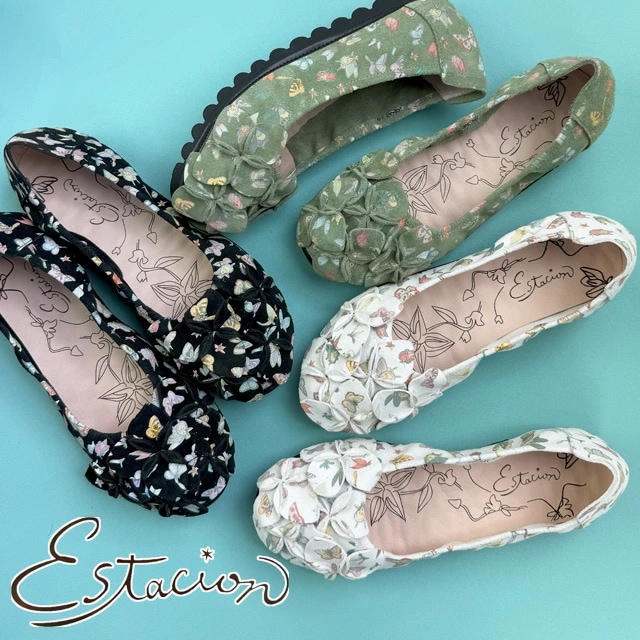 エスタシオン レディース バレエシューズ 痛くない 蝶々デザイン フラットシューズ ローヒール パンプス 疲れない 本革 歩きやすい 花 フラワー 202-32P ブラック/P 黒 グリーン/P アイ