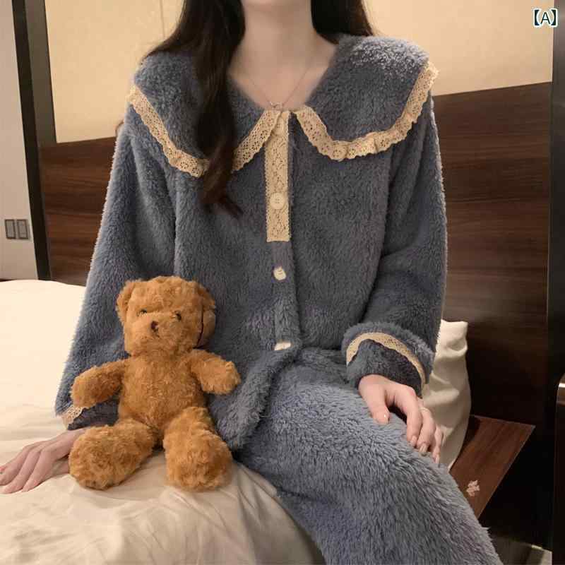 ルームウェア レディース パジャマ 部屋着 ガーリー 秋冬 長袖 レース レトロ ラグジュアリー 暖かい ブルー グリーン パープル