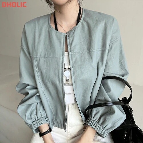 ソフトレザー調ラウンドネック長袖ポケットドローストリングジャンパー・1937586