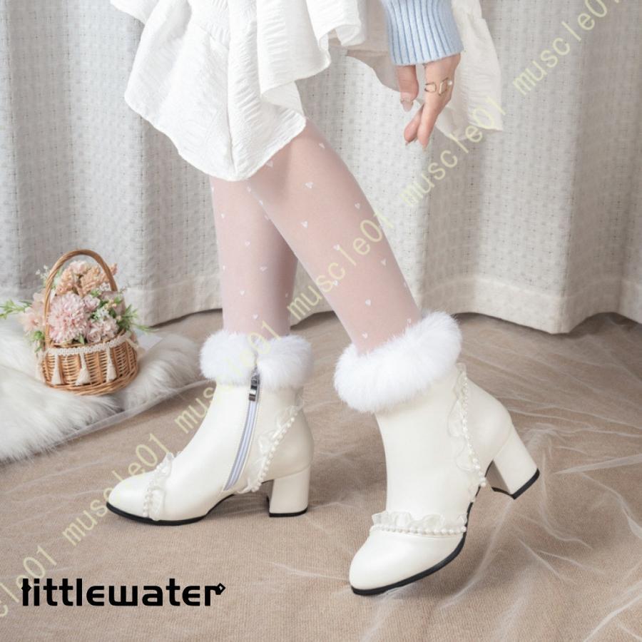 超かわいい ロリータブーツ ガールズ/レディース ショートブーツ ファー 太ヒール ファーブーツ サイドジッパー ハイヒール 歩きやすいプ アンクルブーツ 黒