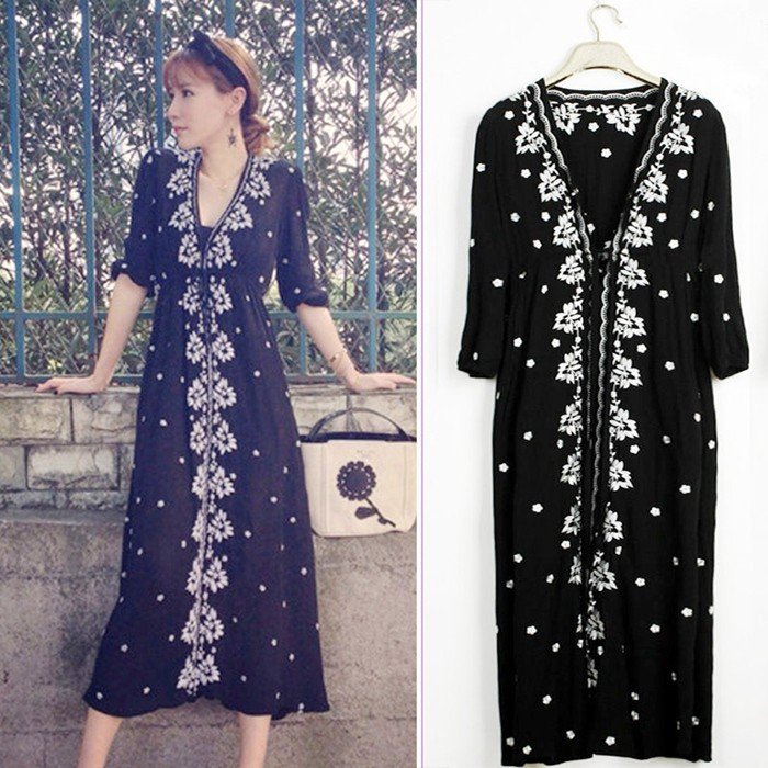 マキシワンピース 長袖 リゾートワンピース ロングワンピース 刺繍柄 結婚式 レディース リネンワン