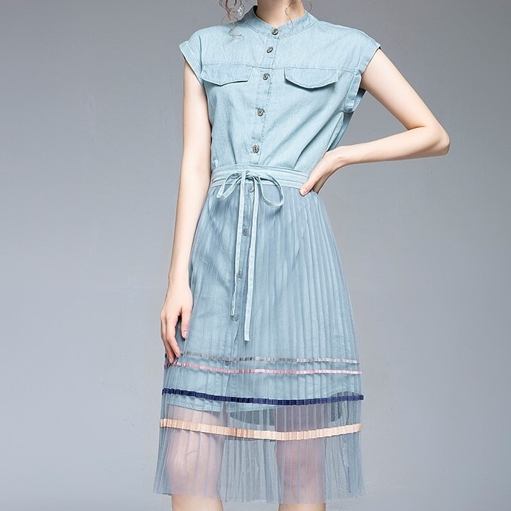 ワンピース 半袖 ノースリーブ 春 夏 春夏 きれいめ かわいい aライン Aライン フレア デニムワンピース フレアスカート チュールスカート ショート丈 ひざ丈 膝上 ラウンドネック スタンドカラ