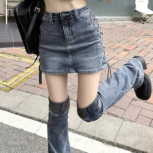 スカート デニム ミニ丈 タイト スリム 編み上げ 細見え かわいい おしゃれ カジュアル お出かけ 脚長効果 美脚効果