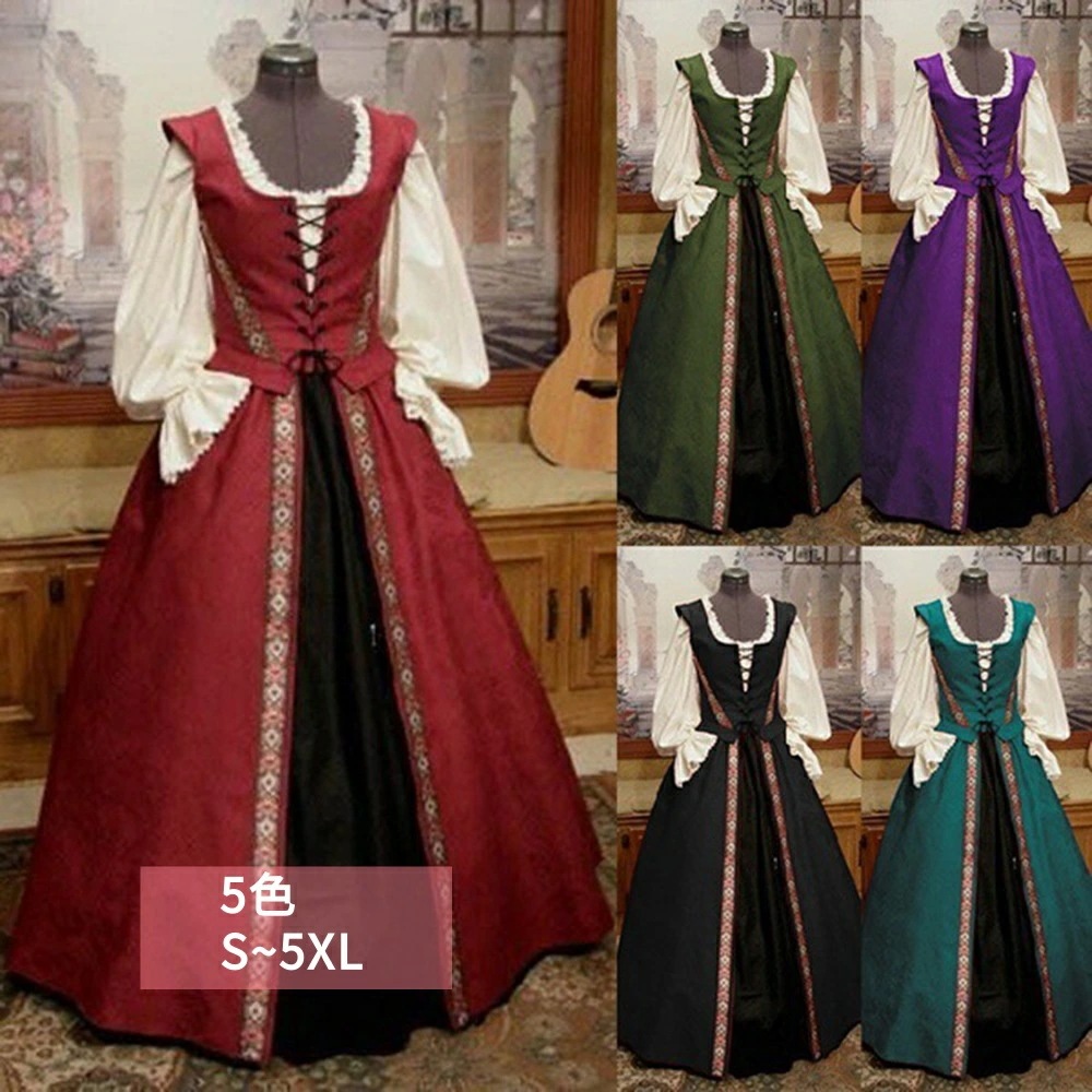 コスプレワンピース 2点セット 長袖 レディース ロング 女性 欧米風 ヨーロッパ中世 古着 ハロウイン 変装 仮装 中世 復古 cosplay 民族衣装 貴族 中世紀 巫女 女性用 宮廷装コスチュー