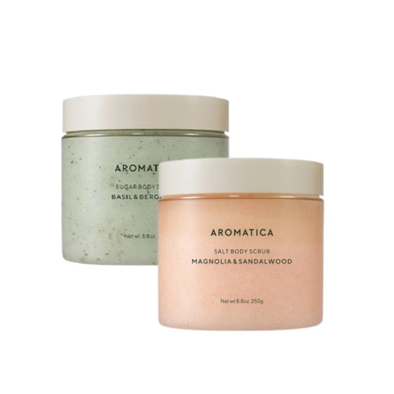 ボディスクラブ２種 (ソルトボディスクラブマグノリア＆サンダルウッド／シュガーボディスクラブバジル＆ベルガモット)