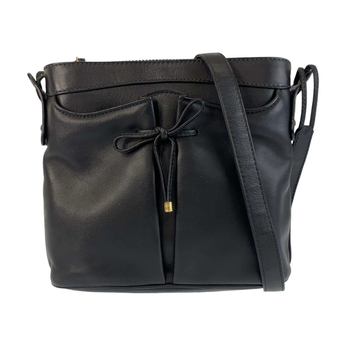 美品 ヴィンテージ ブラック 黒 ゴールド金具 レザー 斜め掛け ショルダーバッグ ポシェット レディース 411192