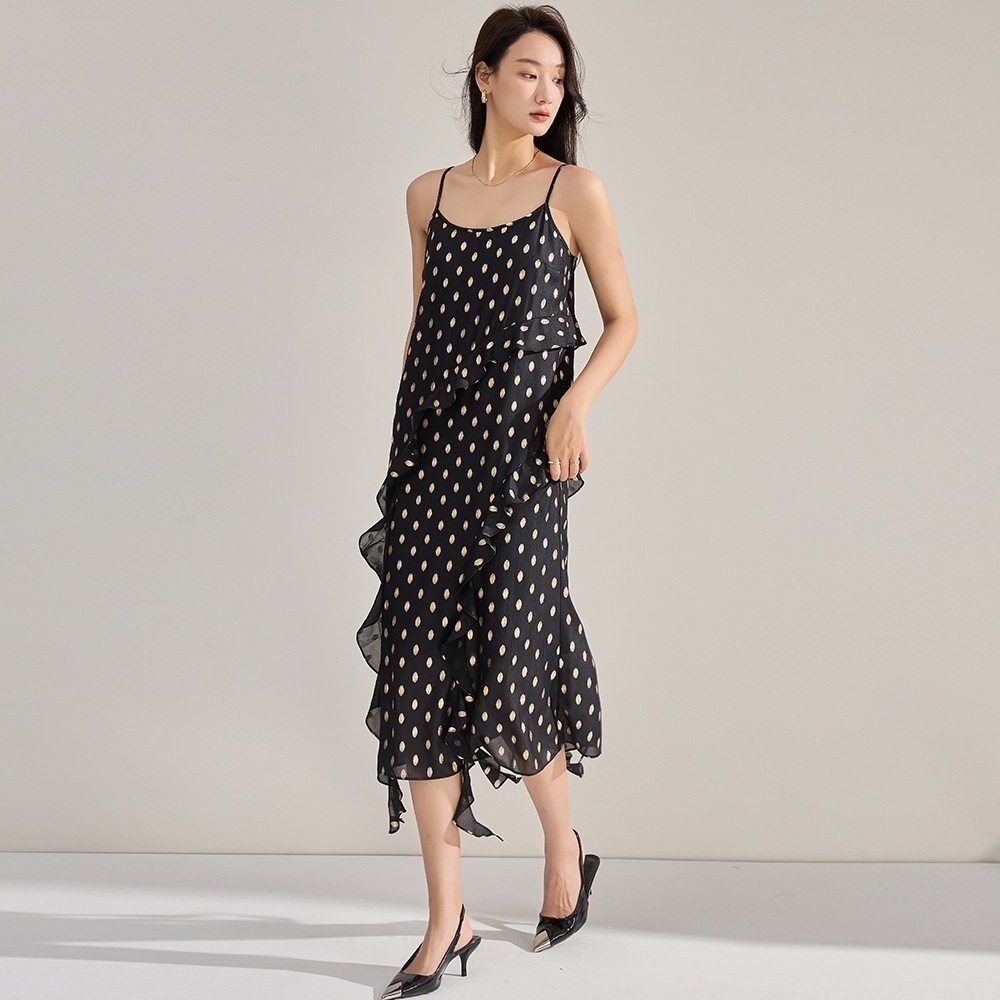 【送.料.無.料.急速発送】黒のレトロなドットサスペンダースカート痩せ見えボトムスカートワンピース