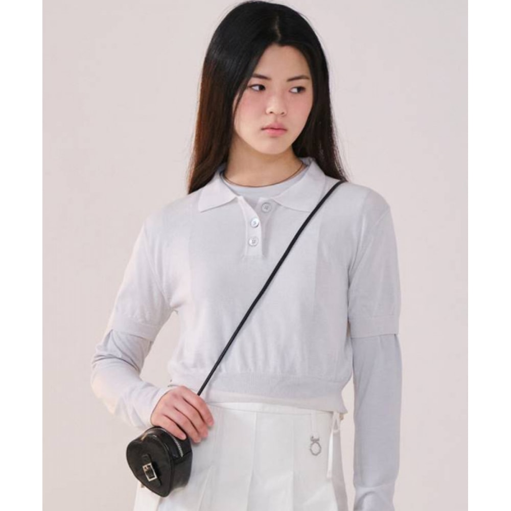 COVERNAT レディースシアーカラークロップハーフニットライトグレー