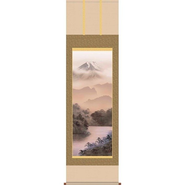掛軸/山水画/水墨山水/富士閑景/熊谷千風/草夕会/正絹二丁本表装/尺五サイズ幅54.5cm/桐箱畳紙収納/表装品質十年保証