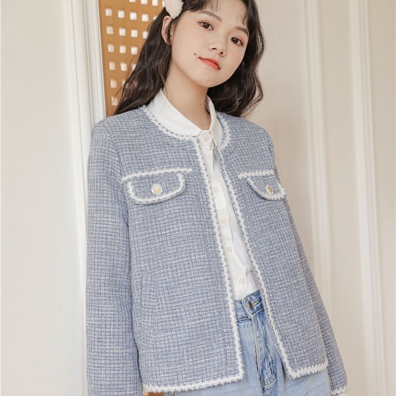 【急速出荷】送.料.無.料.ツイードのクルーネックカーディガン コート レディー 秋までヘビロテ！