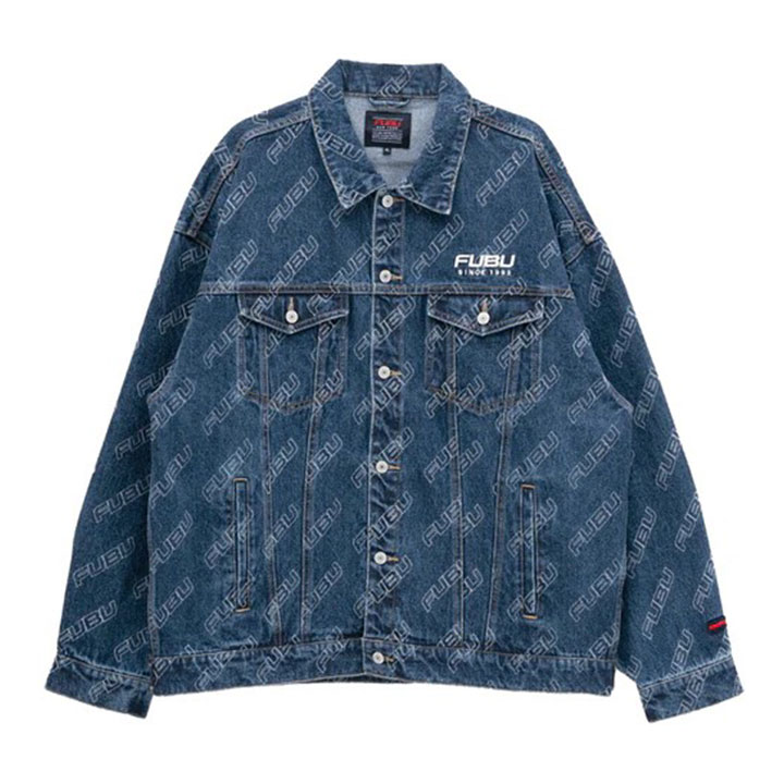 FUBU アウター 長袖 Gジャン デニムジャケット ブルゾン 人気 メンズ 春秋冬用 インディゴブルー 大きいサイズ フブ ジージャン 派手 総柄 刺繍 モノグラム