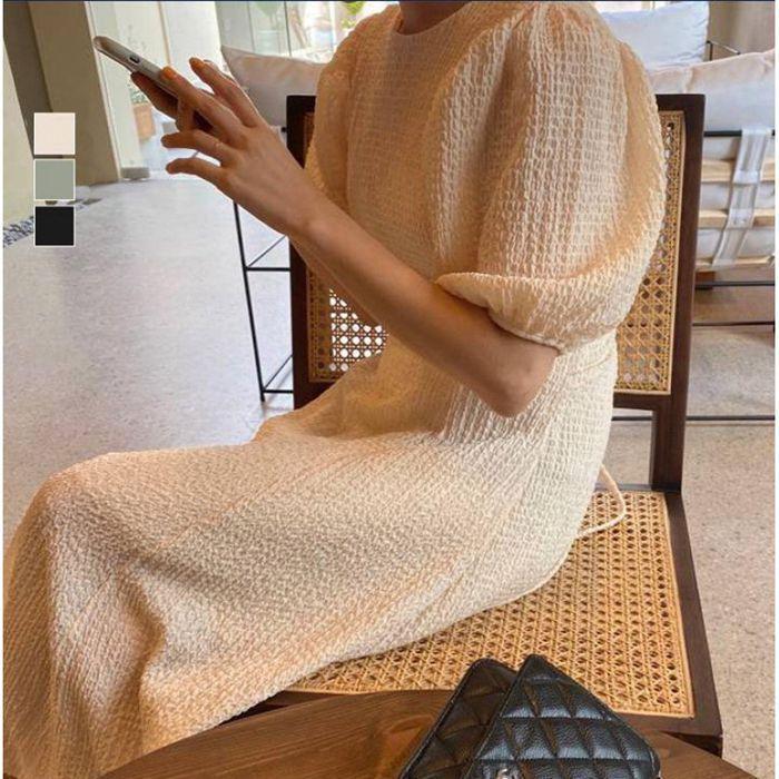 ボリューム袖 ワンピース シボ加工 リップル生地 立体 ウエストリボン ロング丈 マキシ丈 フレア Aライン シンプルレディース 夏 韓国ファッション