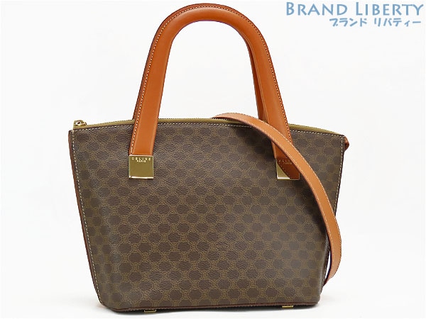 外美品セリーヌヴィンテージマカダム2WAYハンドバッグトートバッグショルダーバッグブラウンダークブラウンPVCレザー