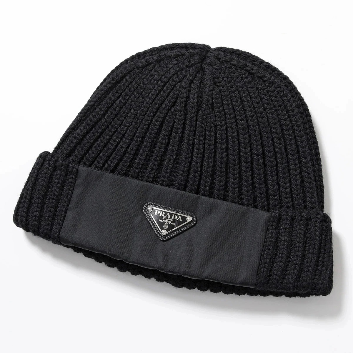 PRADA プラダ ニット帽 UMD446 1WTO メンズ Re-Nylon ギャバジン×ウール トライアングルロゴ ビーニー ニットキャップ 帽子 F0002/NERO