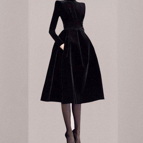 パーティードレス 大きいサイズ 冬 赤 長袖 結婚式 二次会 発表会 演奏会 同窓会 お呼ばれ 女子会 フォーマルドレス 大人 袖付き きれいめ ワンピース 黒 フレア ハイネック ミモレ丈 ベロア