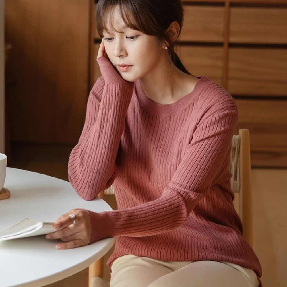 (Elysia) エリンケーブルプレッツェルラウンドニットTシャツ