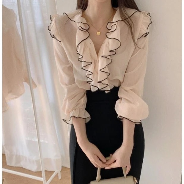 パイピングブラウストップスフリルVネック透け感大人可愛いきれいめ上品長袖