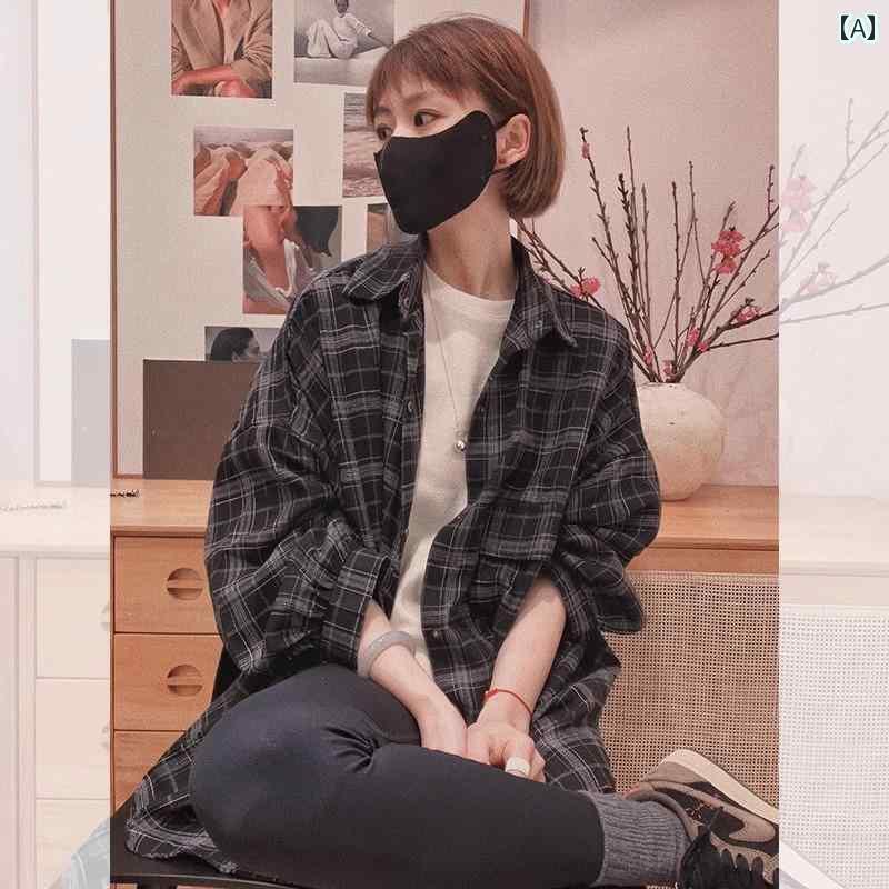 チェック柄 シャツ レディース レトロ 黒の チェック 柄 シャツ ジャケット. 女性用. 2025年 初秋 . ミドル 丈 日焼け防止 トップ